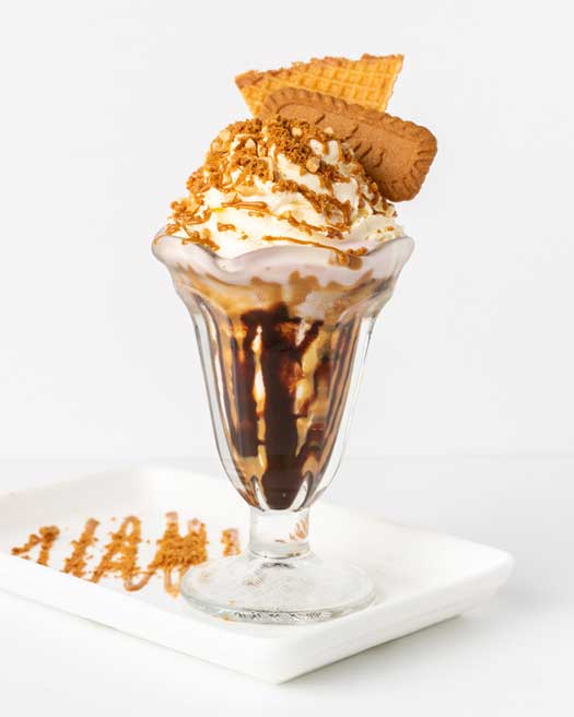 Biscoff Sundae - Sunday 19th September A delectable mix of hot fudge and Biscoff sauces, ice cream, topped with fresh cream, crumbed Biscoff, nuts, waffle wafer and Biscoff cookie.